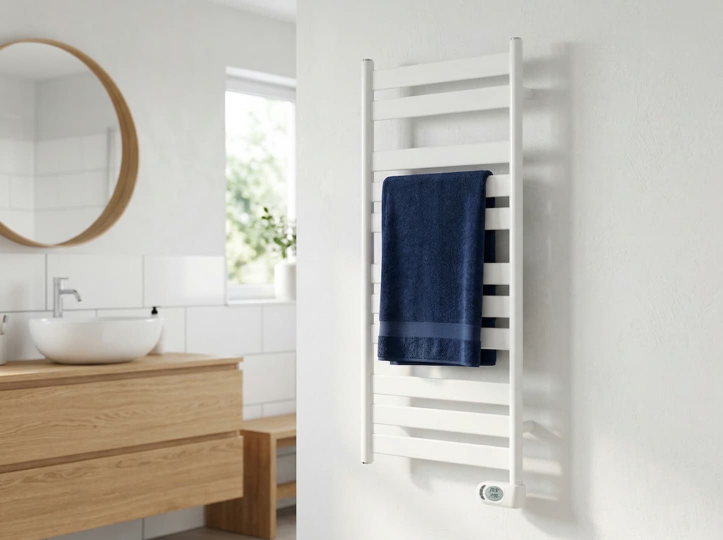 Toalheiro ADAX Wave Toalheiro eléctrico branco com toalha azul escura numa casa de banho moderna