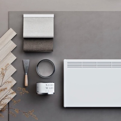 Materiais para design de interiores incluindo madeira clara, tecidos cinza, ferramenta, fita, lata de tinta e radiador branco