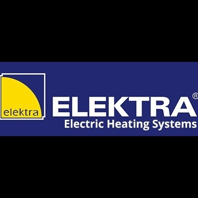 Logotipo da ELEKTRA Electric Heating Systems com fundo azul e símbolo amarelo