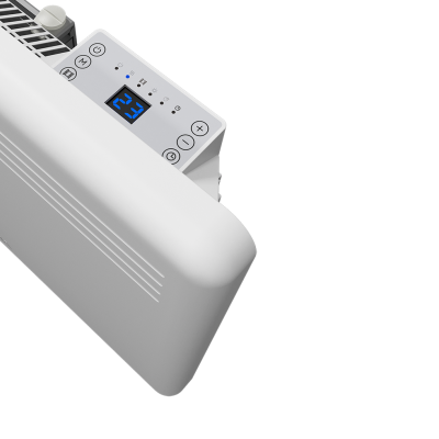 Radiador elétrico branco com visor digital e botões de controlo