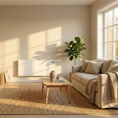 Sala de estar com sofá bege, mesa de madeira, planta e aquecedor branco na parede