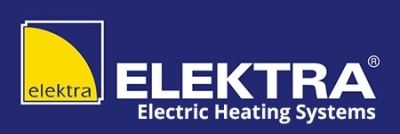 Logotipo da ELEKTRA Electric Heating Systems com fundo azul e símbolo amarelo