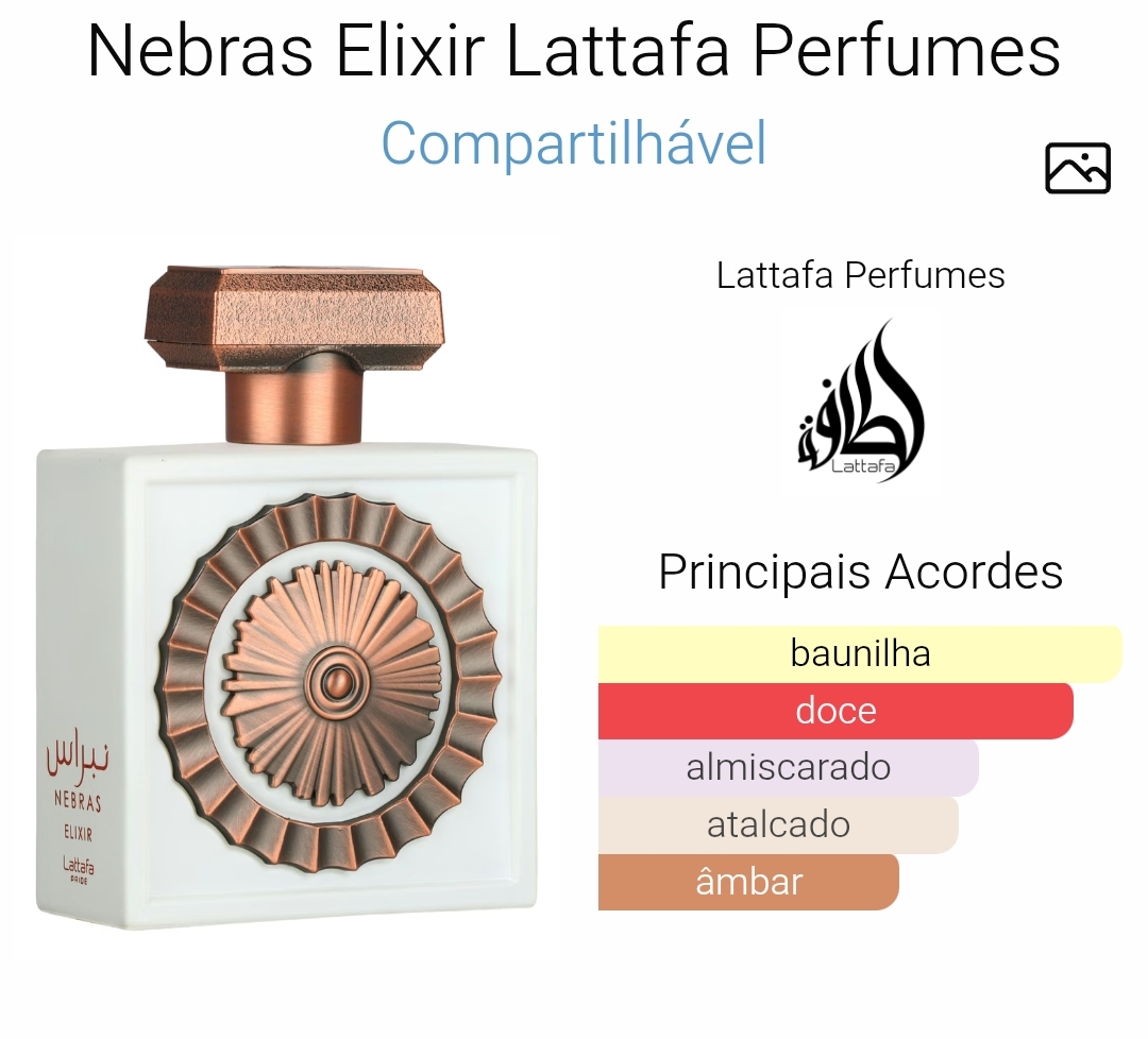 Frasco branco de perfume Nebras Elixir com detalhes em bronze e lista dos principais acordes do perfume
