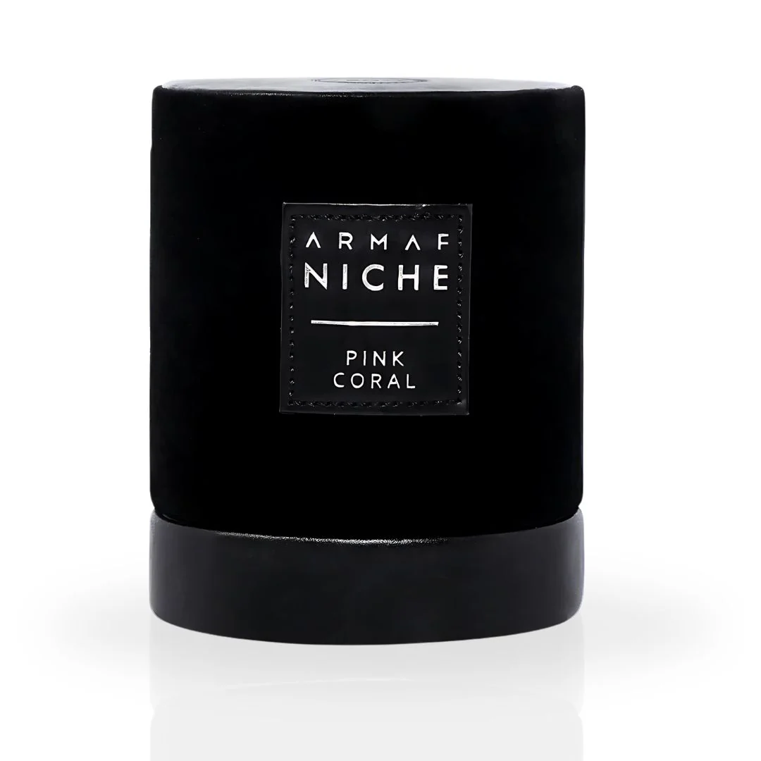 Vela perfumada ARMAF NICHE PINK CORAL em embalagem preta cilíndrica