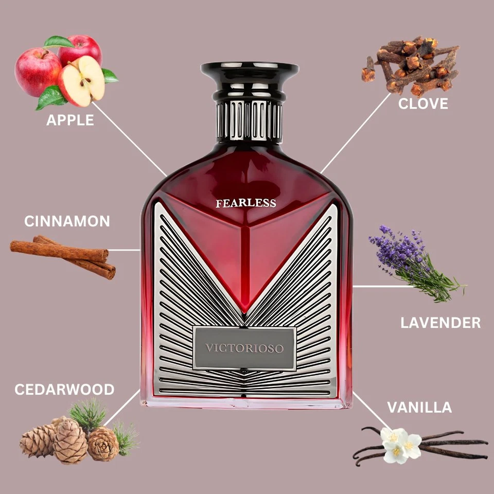 Frasco de perfume VICTORIOSO FEARLESS em vidro vermelho e preto com design geométrico e aromas indicados ao redor.