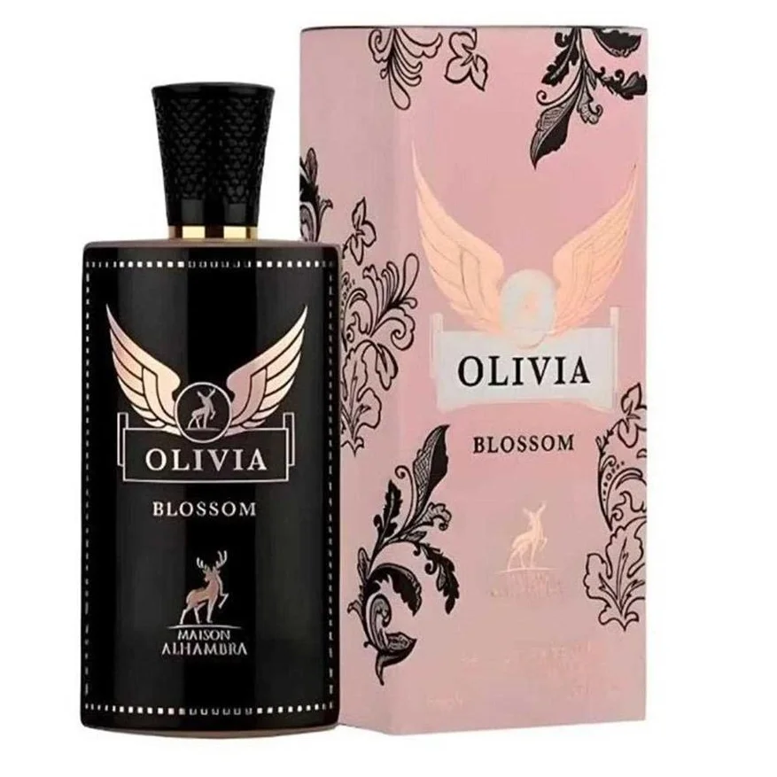 Frasco preto de perfume Olivia Blossom com caixa rosa decorada