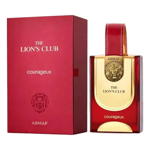 Frasco e embalagem vermelha de perfume The Lions Club da Armaf com detalhes dourados