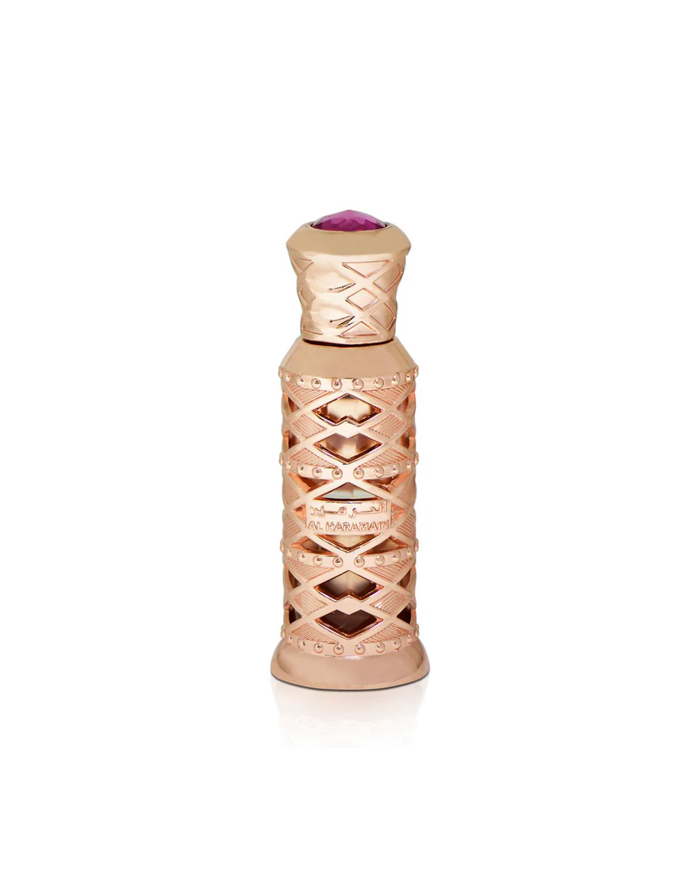 frasco de perfume dourado rosado com pedra rosa