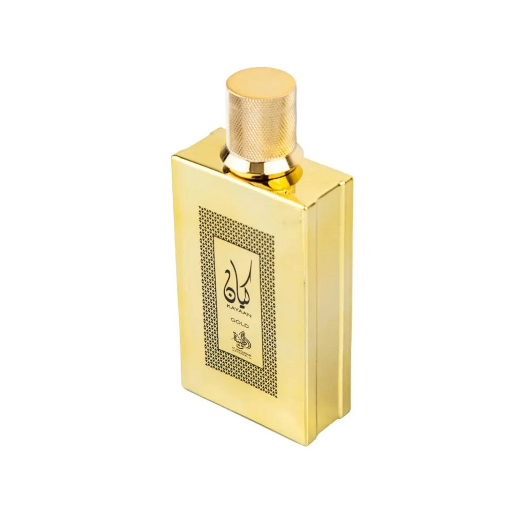Frasco dourado de perfume com texto e tampa texturizada