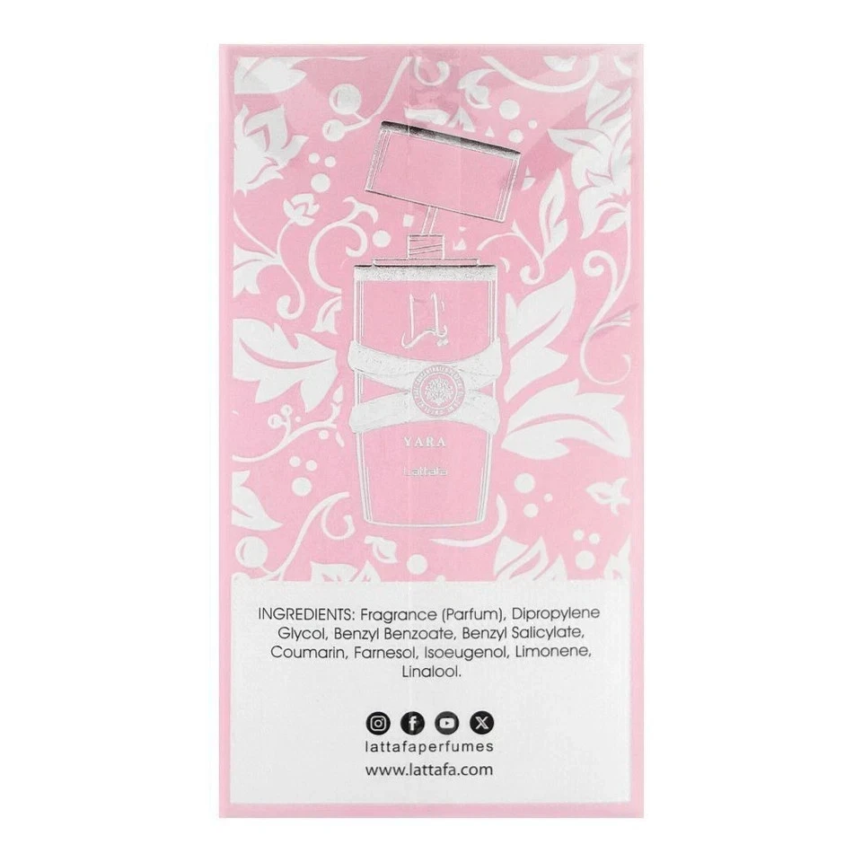 Ilustração de frasco de perfume YARA Lattafa em fundo rosa com folhas brancas e lista de ingredientes