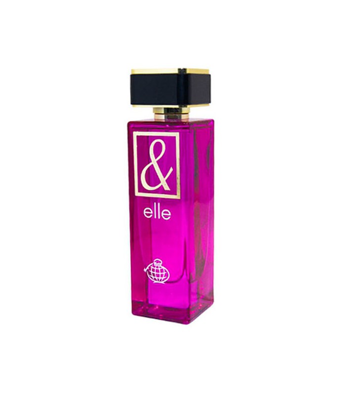 Frasco de perfume magenta com tampa preta e dourada e texto '& elle'
