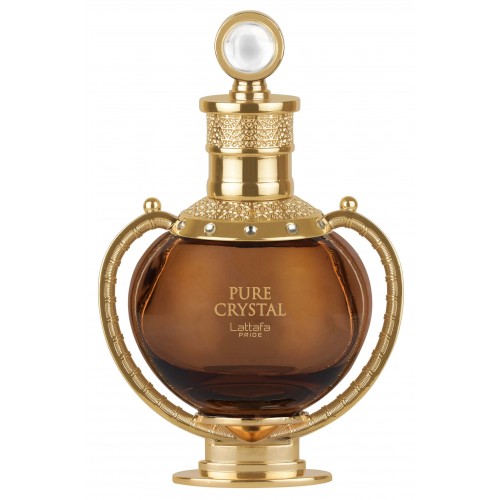 Frasco de perfume âmbar e dourado com texto PURE CRYSTAL Lattafa PRIDE