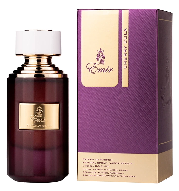 Frasco vinho de perfume Emir Cherry Cola com embalagem roxa e bege