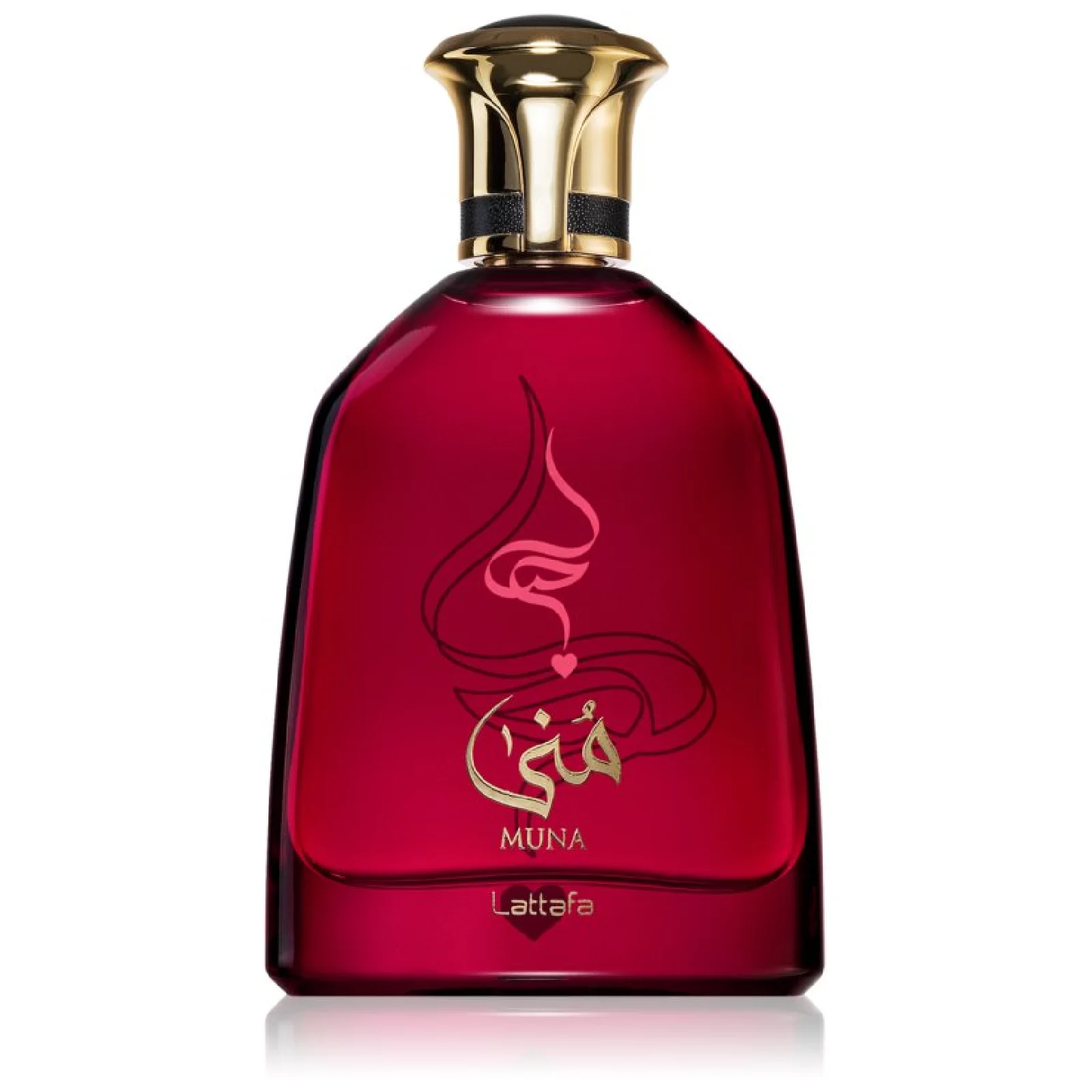 Frasco de perfume vermelho com tampa dourada e inscrições douradas