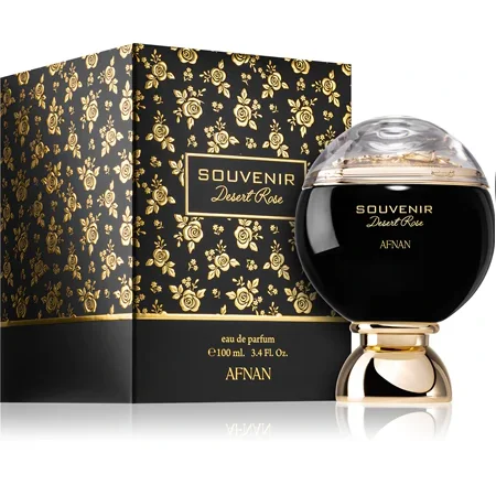 Frasco de perfume preto com caixa preta decorada com rosas douradas