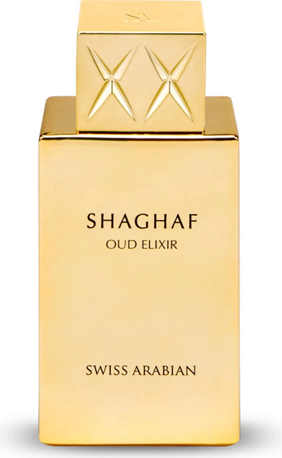 Frasco dourado de perfume SHAGHAF OUD ELIXIR da Swiss Arabian