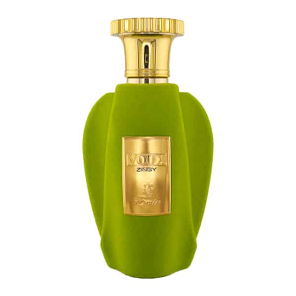 Frasco de perfume verde com tampa dourada e placa dourada com texto