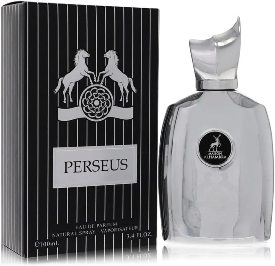 Frasco de perfume prateado ao lado de caixa preta com linhas verticais e texto Perseus