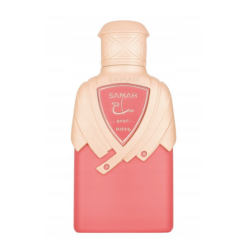 Frasco de perfume rosa e bege com texto SAMAH pearl RIFFS