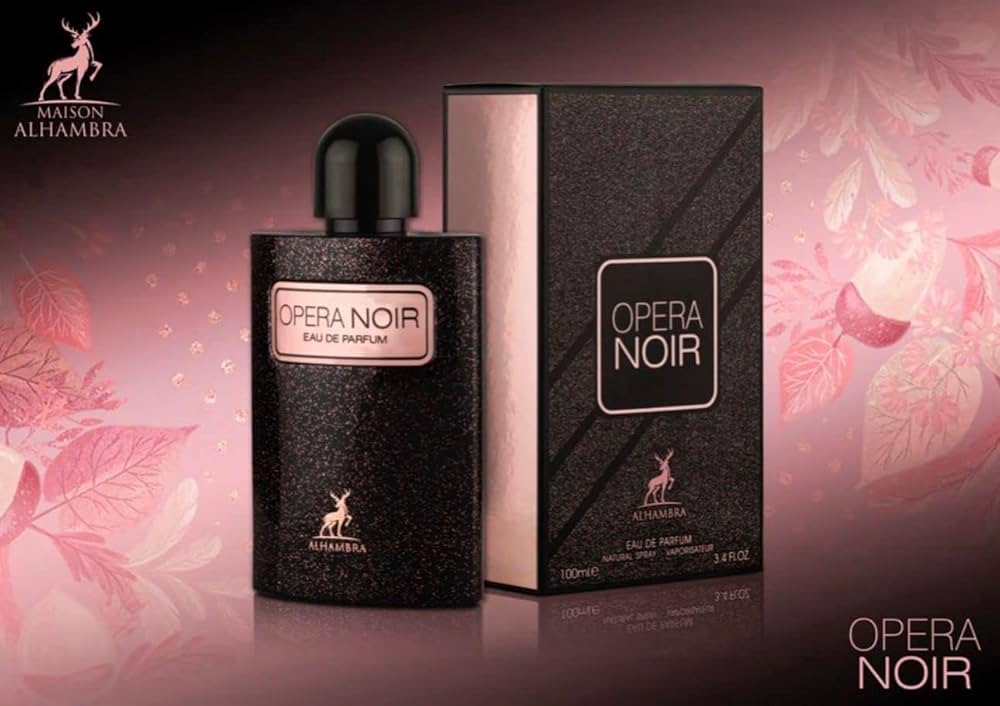 Frasco e caixa de perfume Opera Noir da Maison Alhambra em fundo rosa decorado