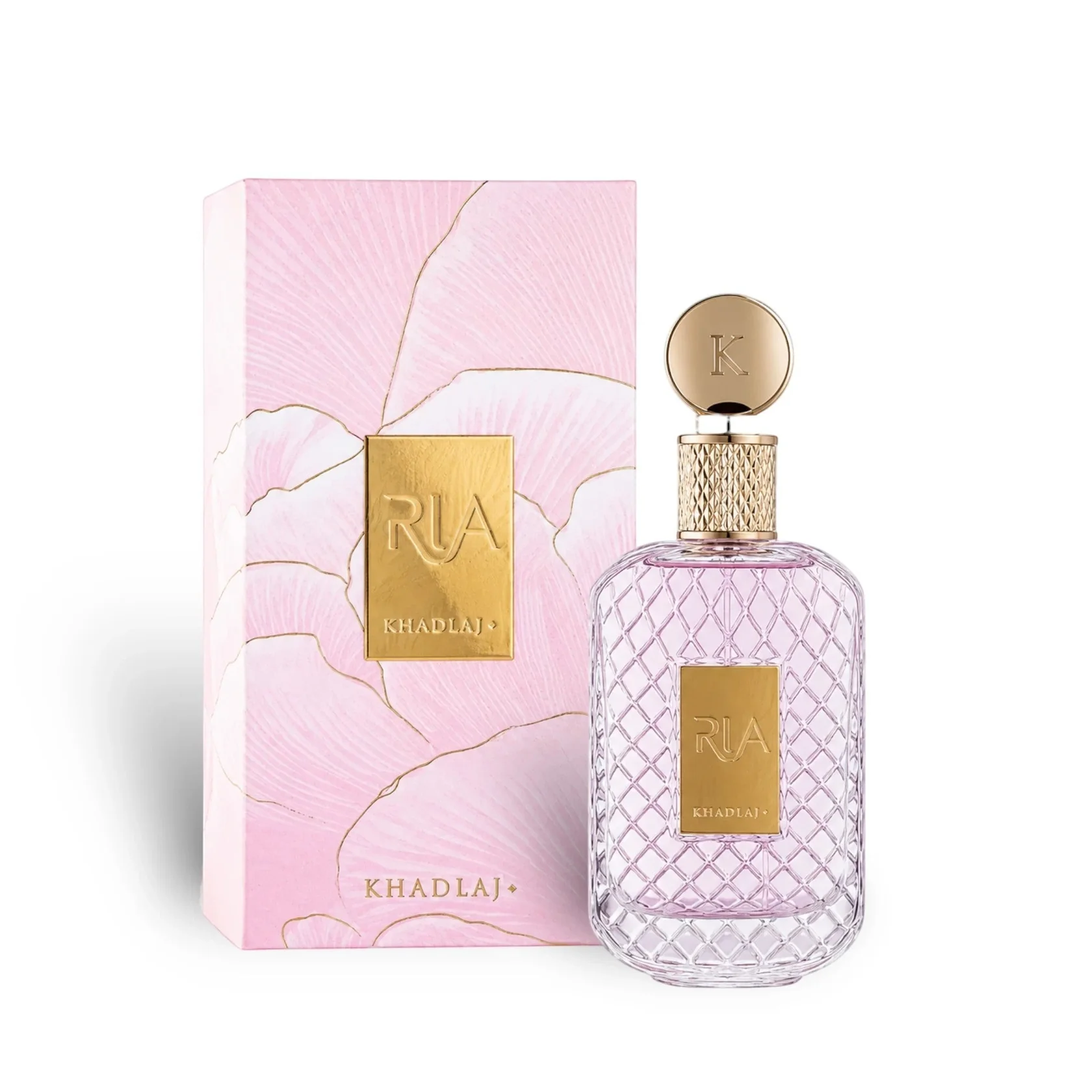 Frasco de perfume transparente com tampa dourada e caixa rosa decorativa