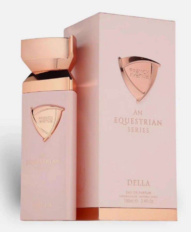 Frasco e embalagem de perfume rosa com detalhes dourados