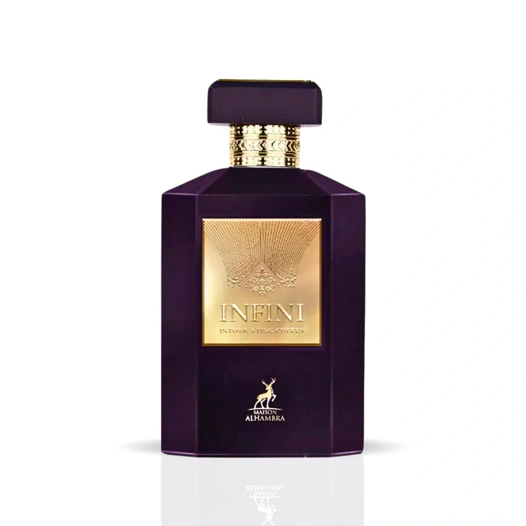 Frasco de perfume roxo com rótulo dourado INFINI e logótipo ALHAMBRA