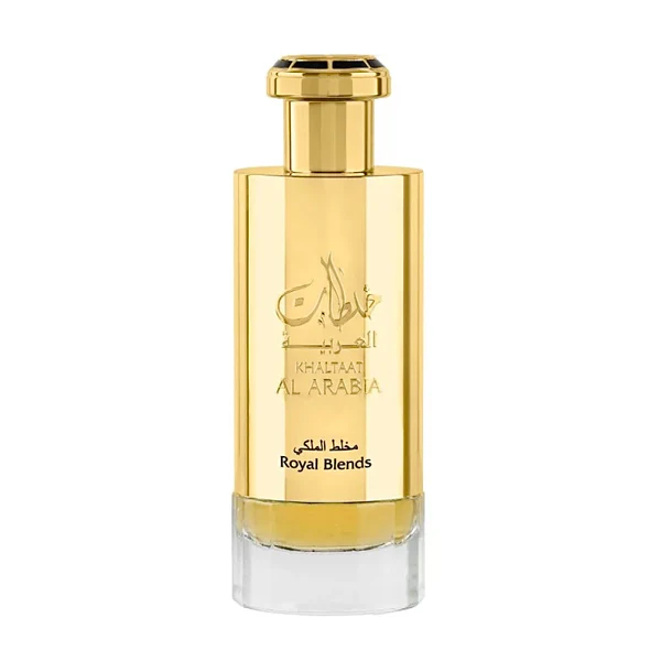 Frasco de perfume dourado com tampa e base transparente com texto KHATLAT AL ARABIA Royal Blends
