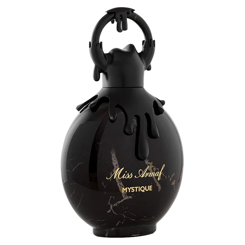Frasco de perfume preto com efeito mármore e tampa preta decorativa com texto dourado