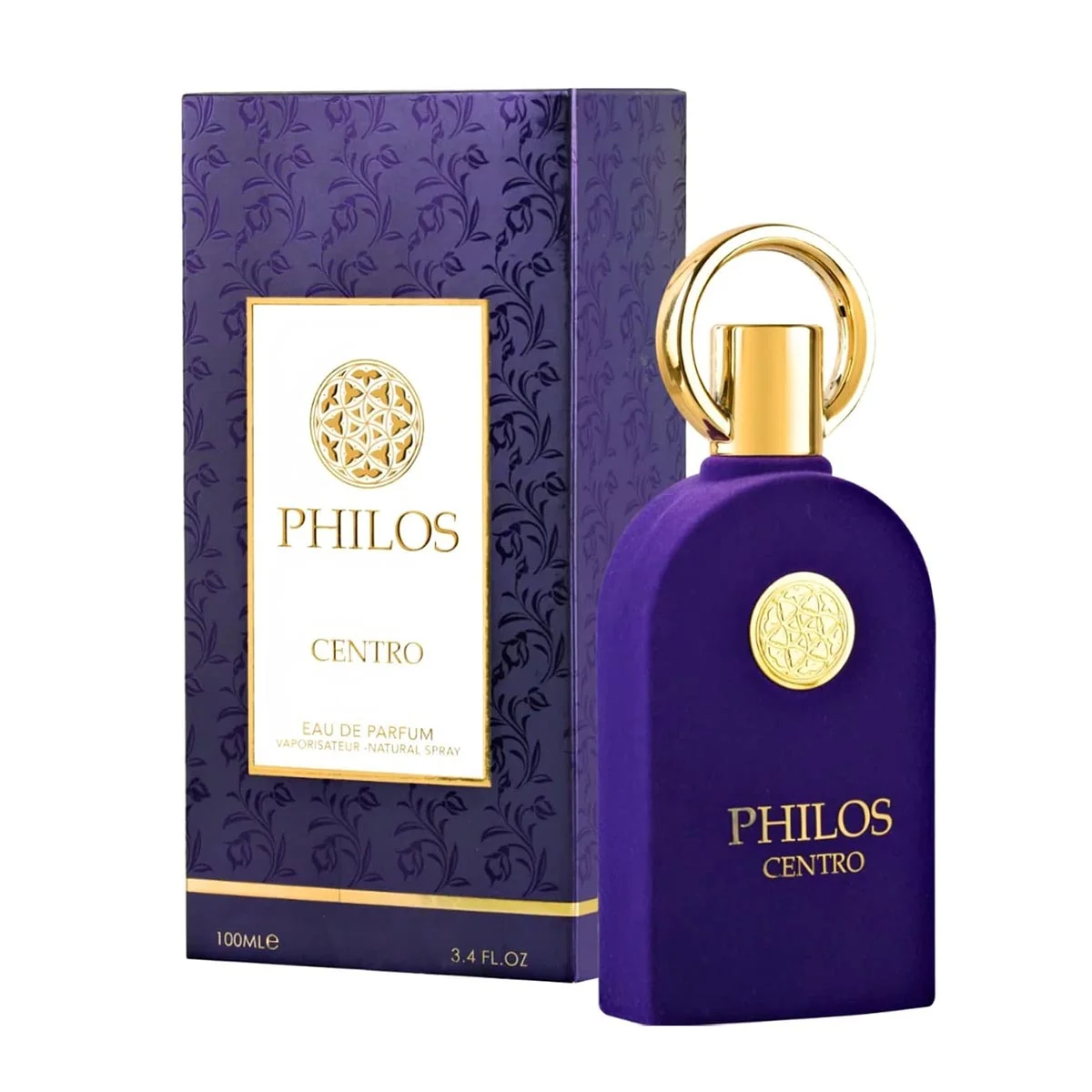 Frasco de perfume roxo e embalagem roxa com texto PHILOS CENTRO