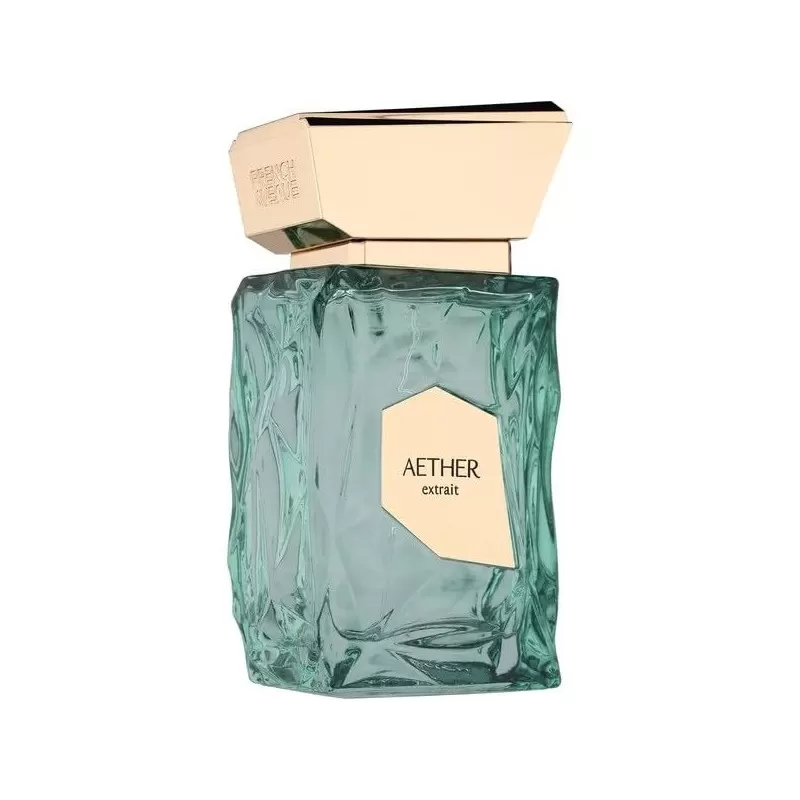 Frasco de perfume verde com tampa dourada e etiqueta AETHER extrait
