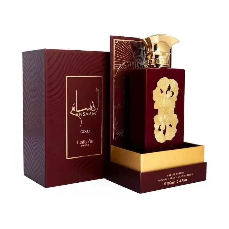 Frasco de perfume Ansaam Gold vermelho e dourado com caixa vermelha