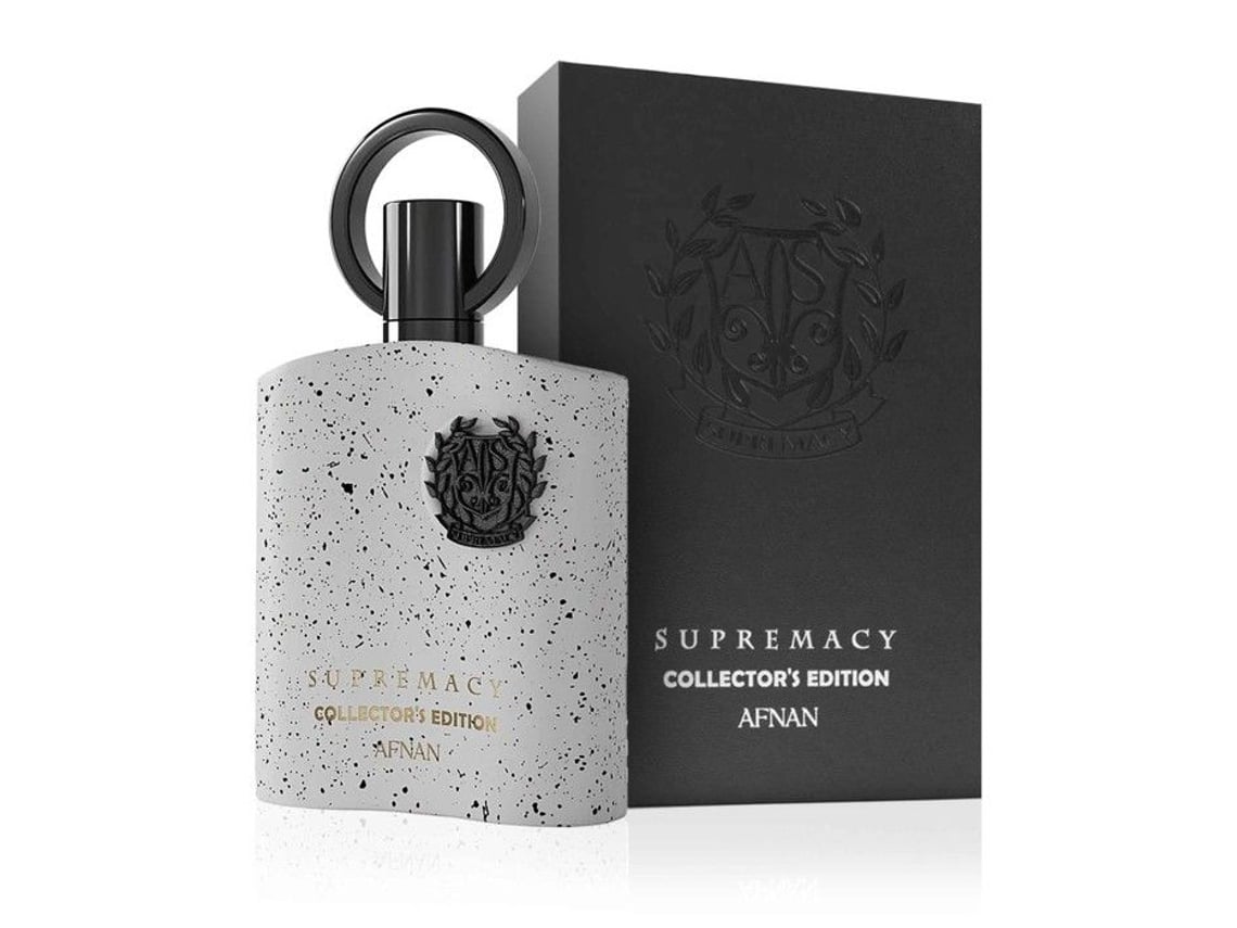 Frasco cinza pontilhado de perfume Supremacy Collector's Edition Afnan com caixa preta