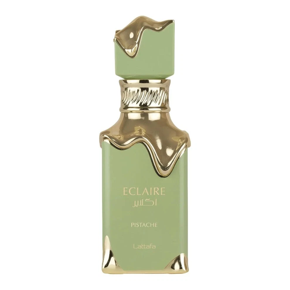 Frasco de perfume verde pistache com detalhes dourados e texto ECLAIRE PISTACHE Lattafa