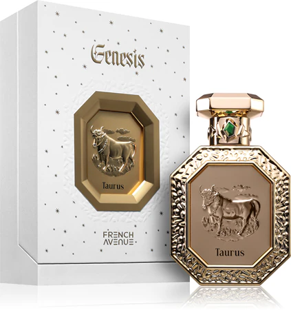 Frasco de perfume dourado Taurus Genesis com embalagem branca decorada