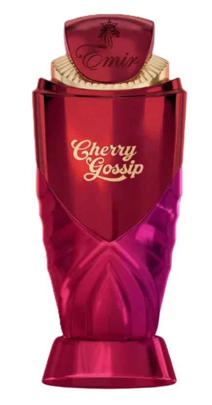Frasco de perfume vermelho e rosa com texto Cherry Gossip e logotipo Emir