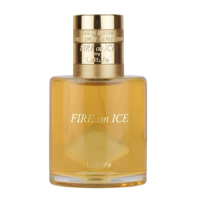 Frasco de perfume Fire on Ice Lattafa âmbar com tampa dourada