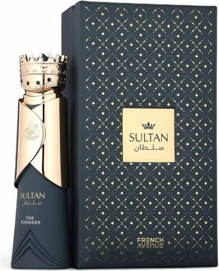 Frasco de perfume SULTAN THE FOUNDER e embalagem preta com padrão dourado.
