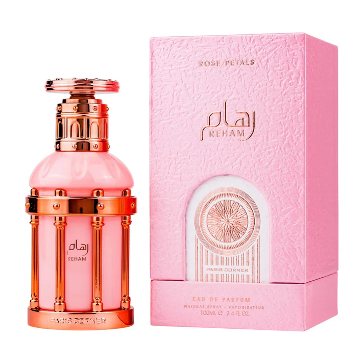 Perfume Paris Corner Reham Rose Petals frasco rosa com detalhes dourados e embalagem rosa