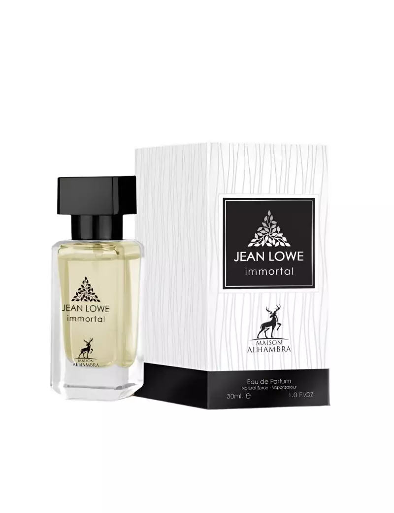 Frasco de perfume Jean Lowe Immortal com caixa branca na lateral.