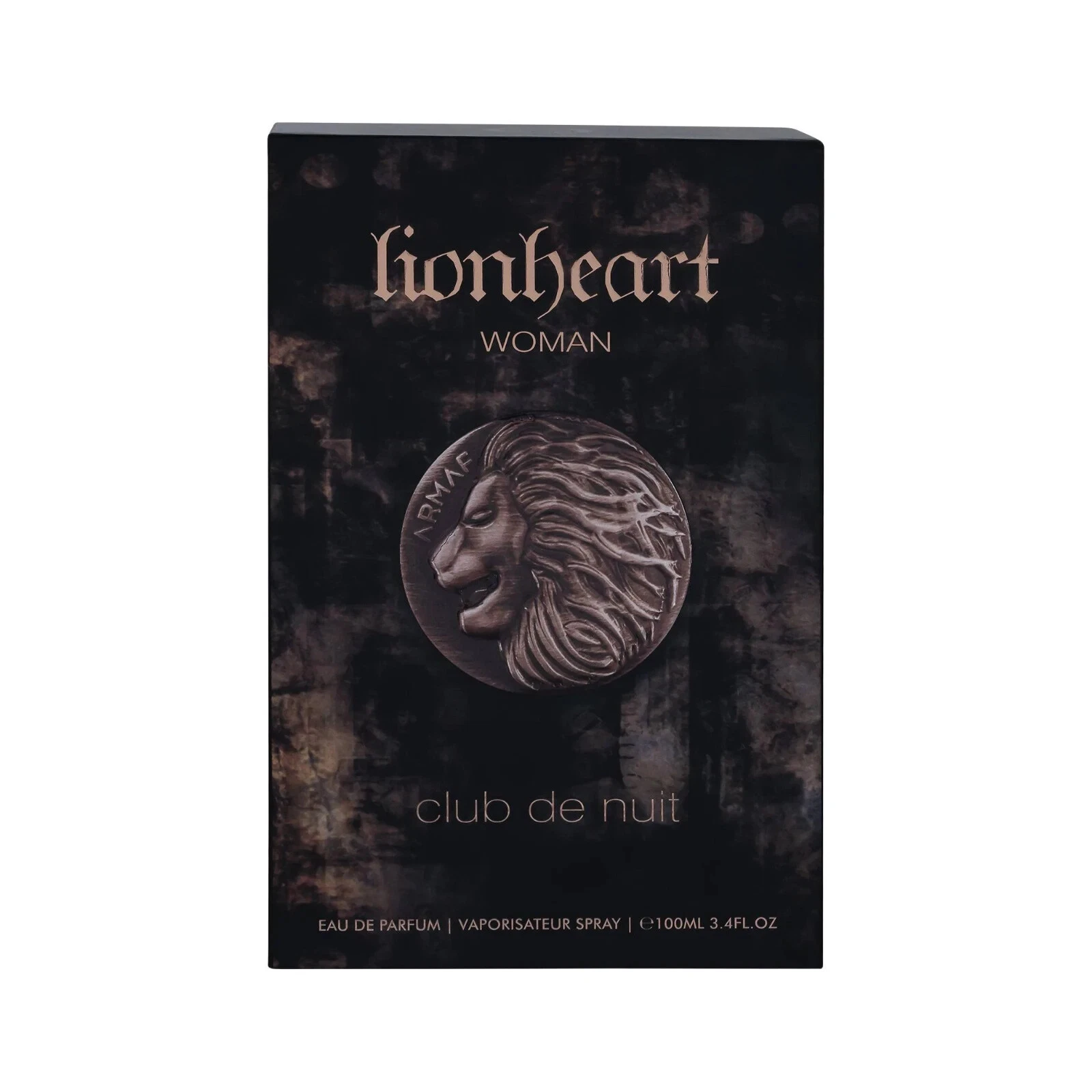 Embalagem preta de perfume com medalhão de leão e texto lionheart WOMAN club de nuit