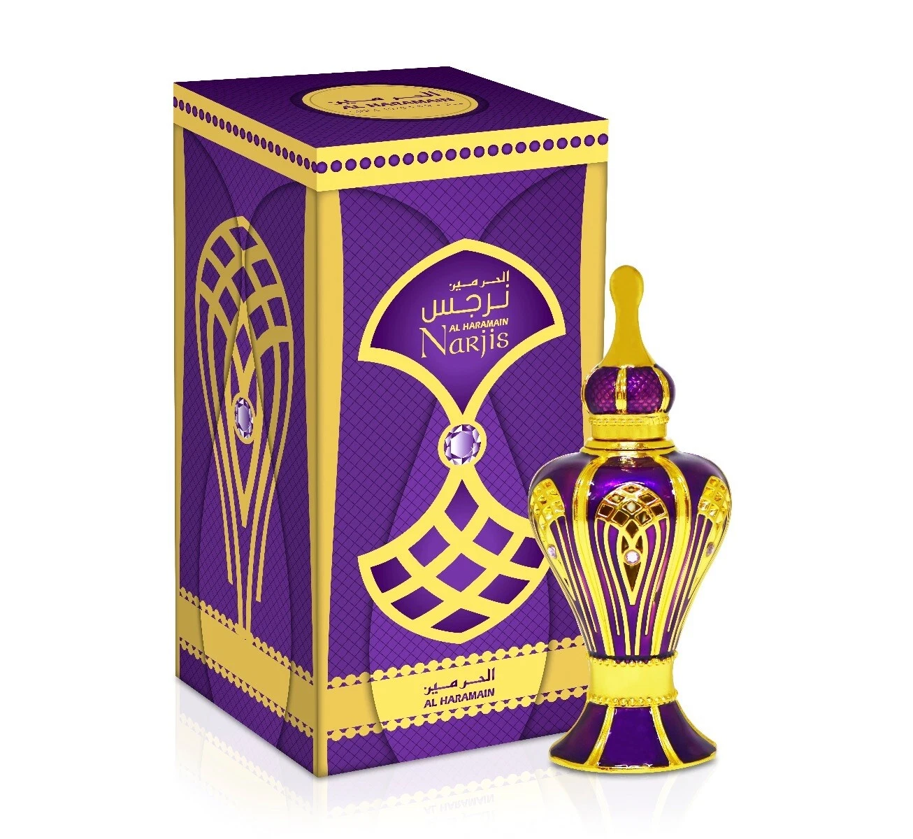 Frasco e caixa de perfume roxo e dourado Al Haramain Narjis