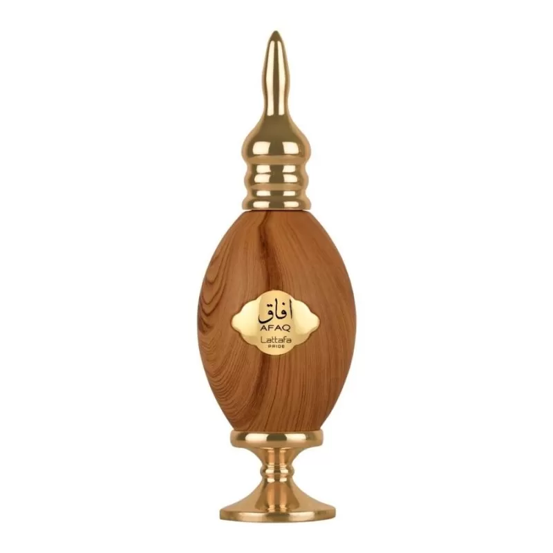 Recipiente dourado e em madeira para perfume