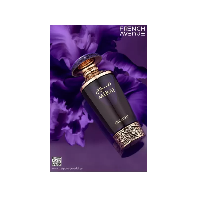 Frasco de perfume roxo com detalhes dourados e texto MIRAI EXCLUSIF