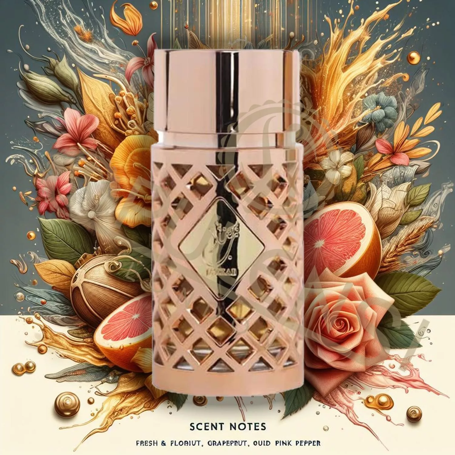 Frasco rosa de perfume com padrão em relevo e tampa metálica, rodeado por flores e frutas artísticas.