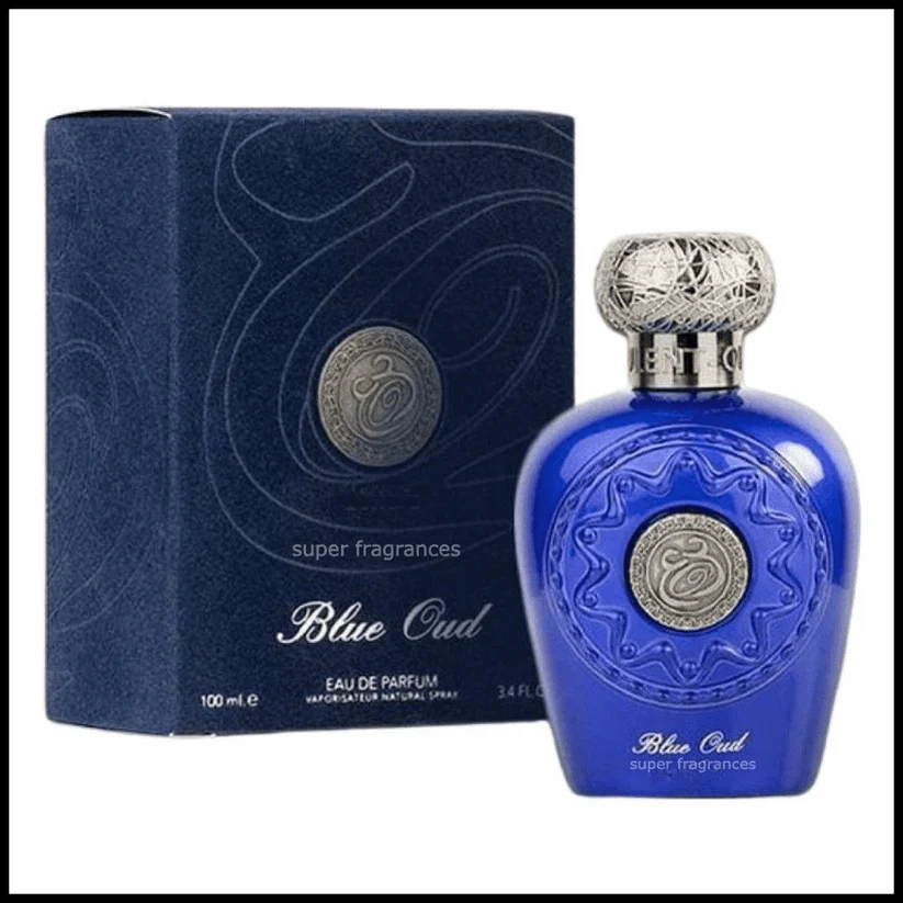 Frasco azul de perfume Blue Oud com tampa prateada e caixa azul escura ao lado