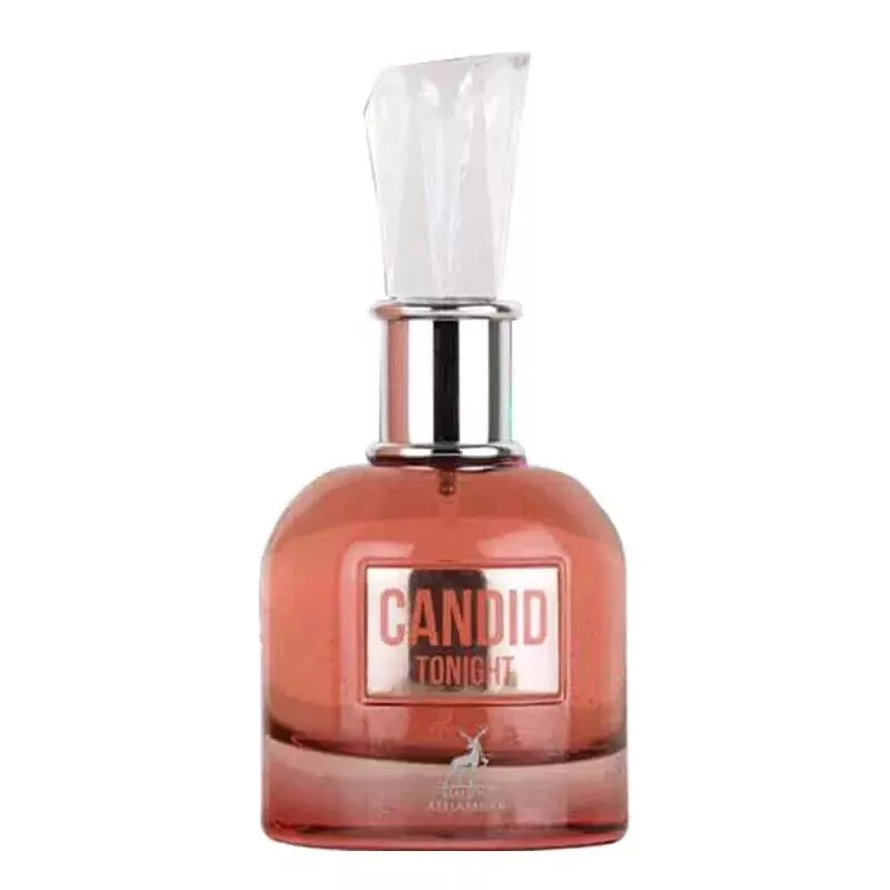 Frasco de perfume cor de rosa com texto CANDID TONIGHT