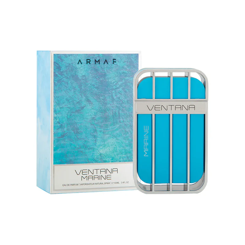 Frasco azul de perfume ARMAF Ventana Marine com embalagem azul e prata