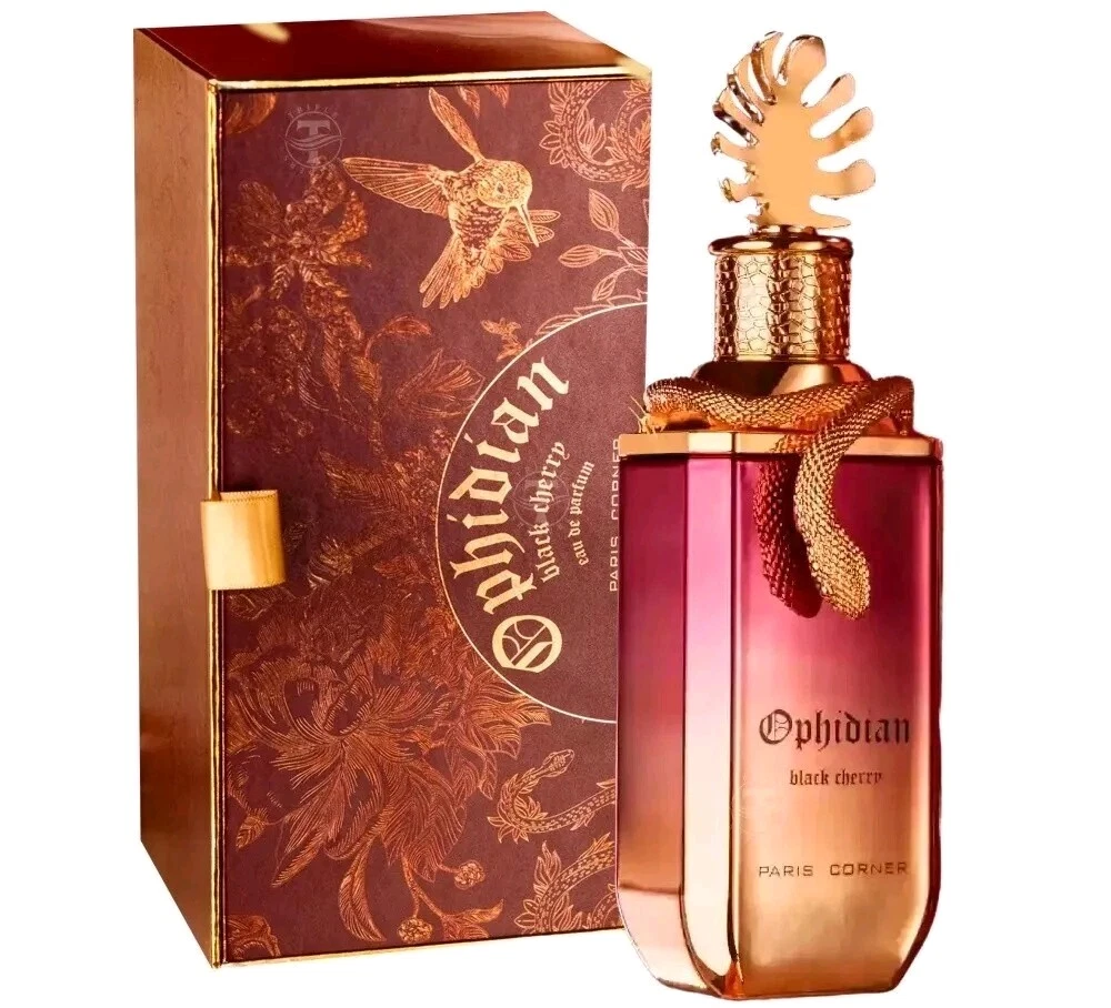 Frasco de perfume Ophidian black cherry com caixa decorada
