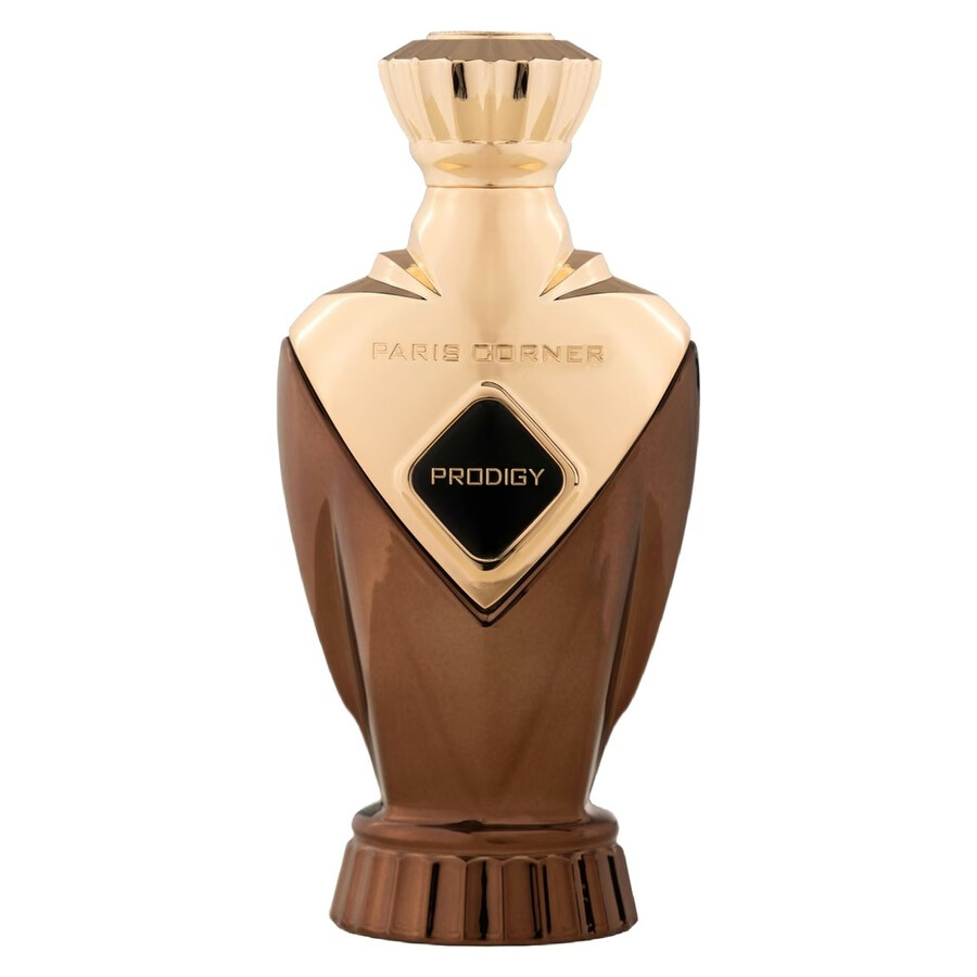 Frasco de perfume castanho e dourado com texto PARIS CORNER e PRODIGY